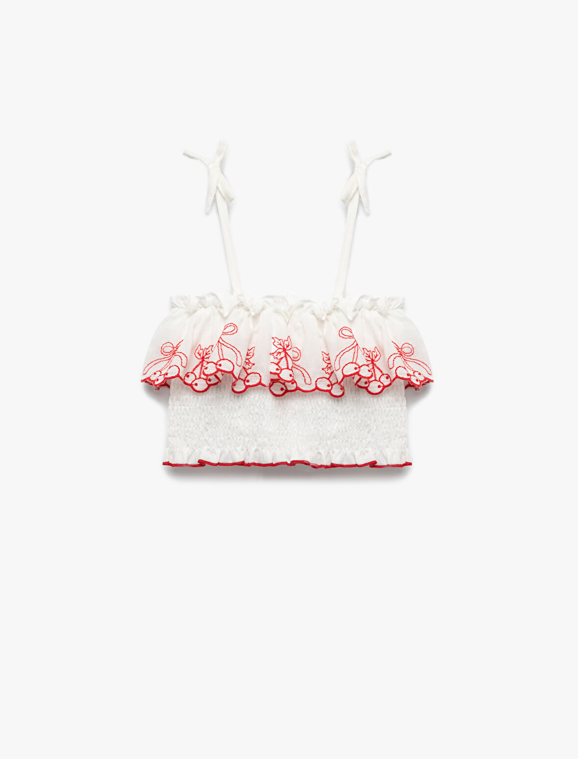 Pamuklu İnce Askılı Kiraz Desenli Gipeli Crop Bluz