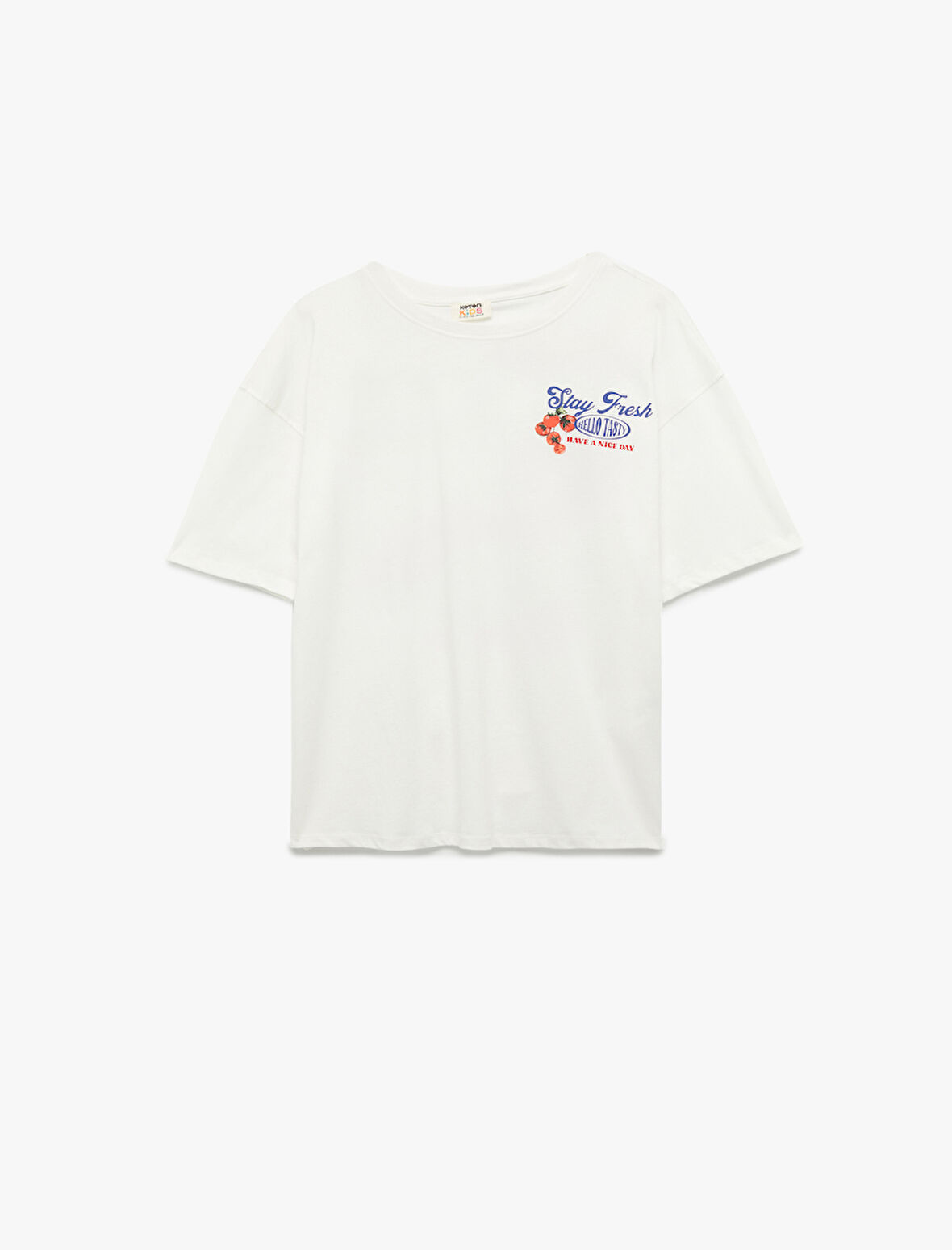 Pamuklu Kısa Kollu Bisiklet Yaka Arkası Meyve Baskılı Bol Kalıp Tişört