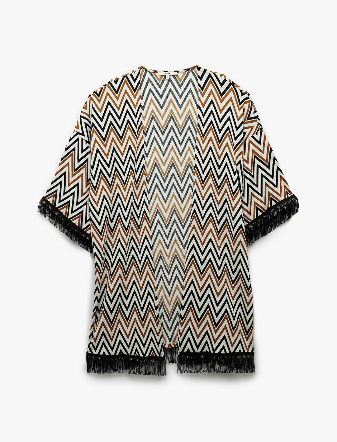 Rahat Kalıp Püsküllü Geometrik Desenli Uzun Kimono