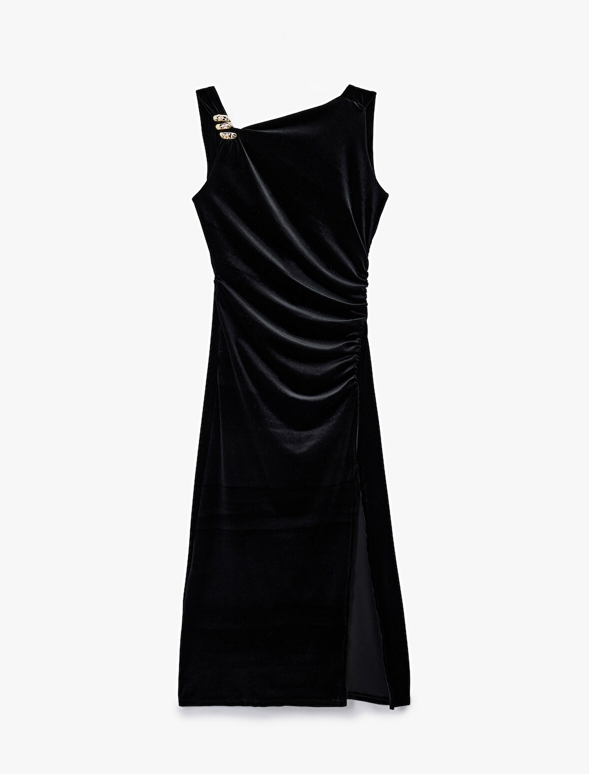 Yırtmaçlı Aksesuarlı Asimetrik Yaka Kolsuz Midi Boy Kadife Elbise