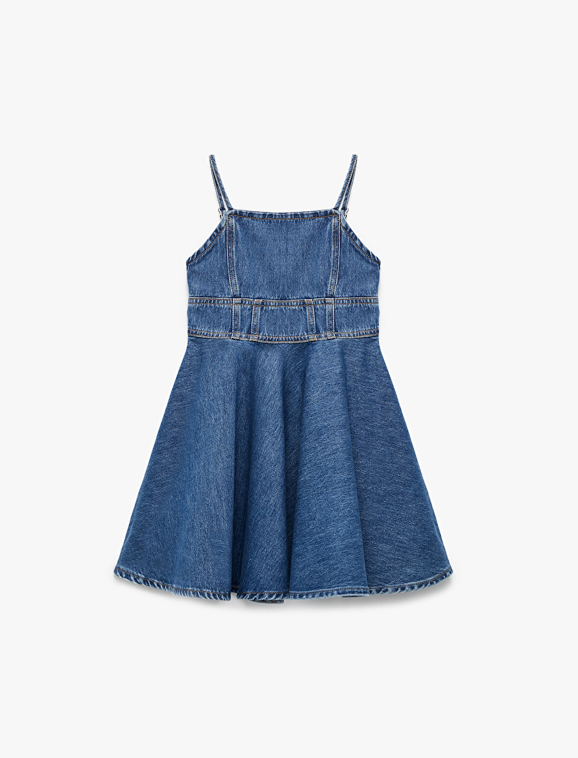 Pamuklu Pileli İnce Askılı Denim Elbise