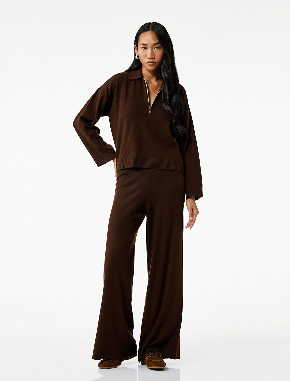 Beli Lastikli Rahat Kalıp Uzun Geniş Paça Triko Pantolon