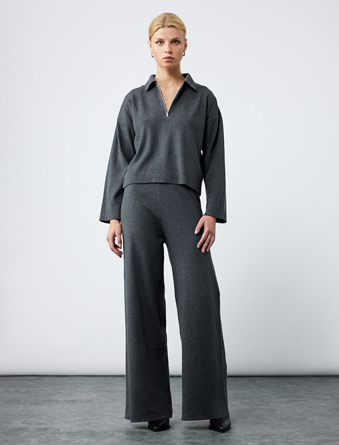 Fermuarlı Polo Yaka Uzun Kollu Oversize Kazak