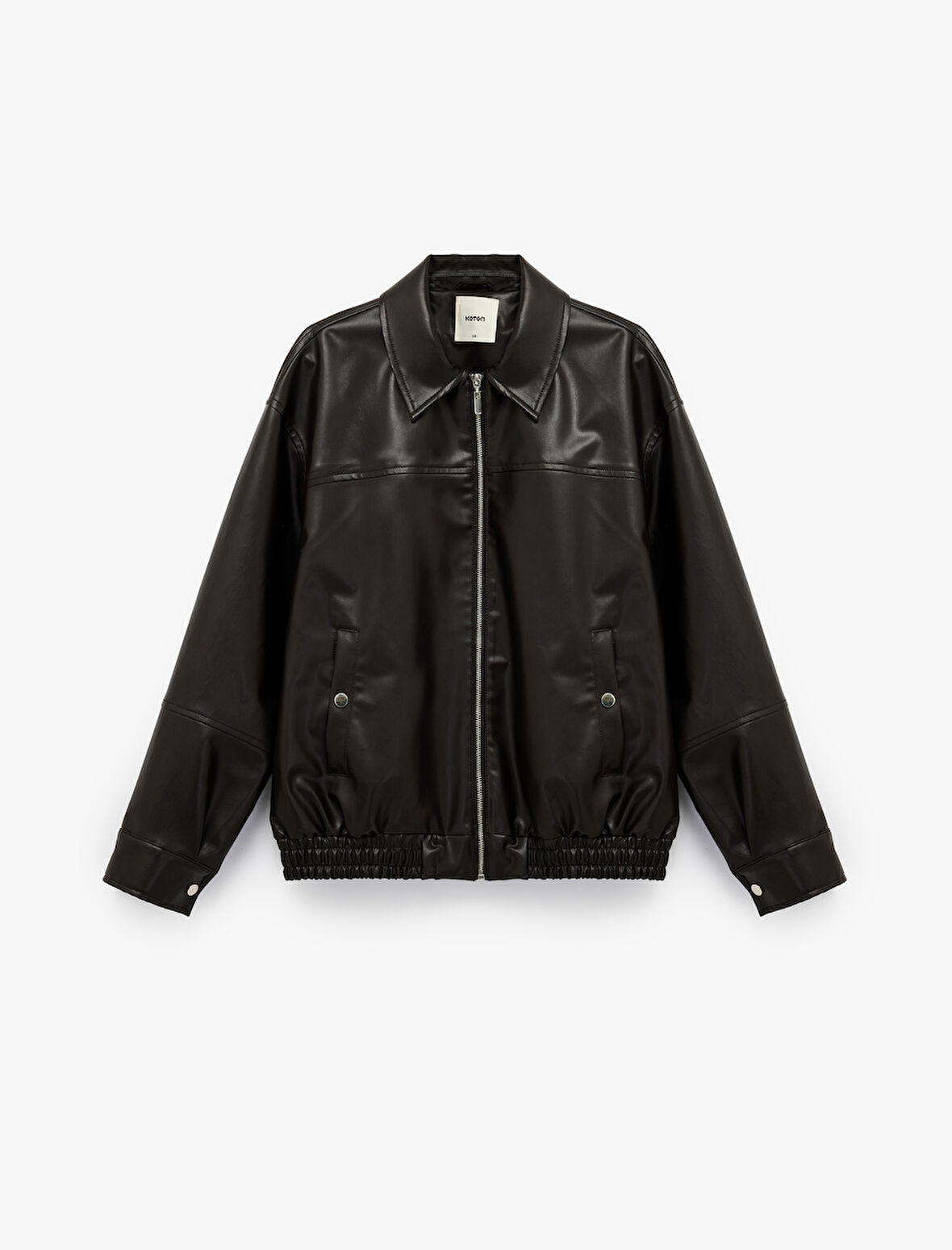 Fermuarlı Uzun Kollu Cep Detaylı Suni Deri Oversize Ceket