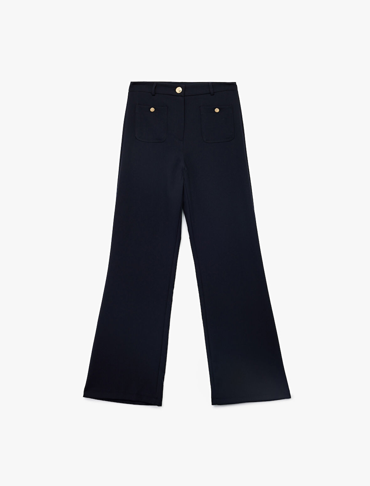 Düğme Detaylı Aplike Cepli Düz Bol Paça Kumaş Pantolon