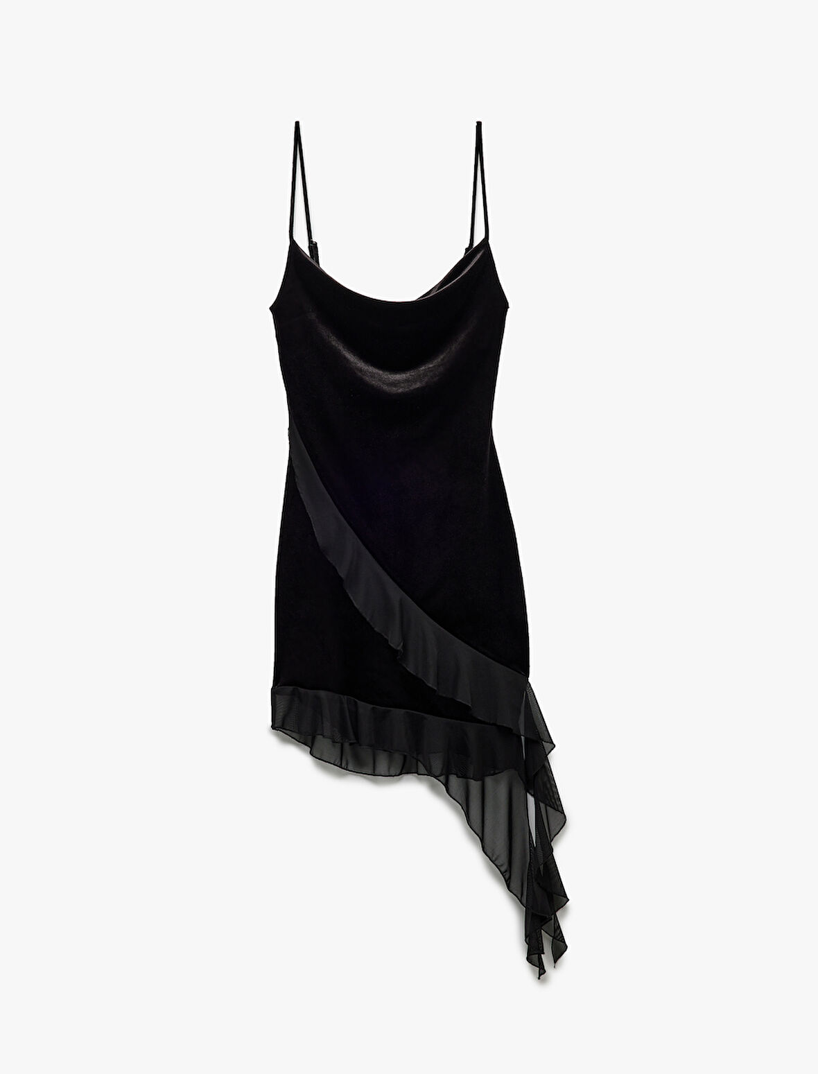 Degaje Yaka Kadife Volanlı Asimetrik Kesim Askılı Elbise