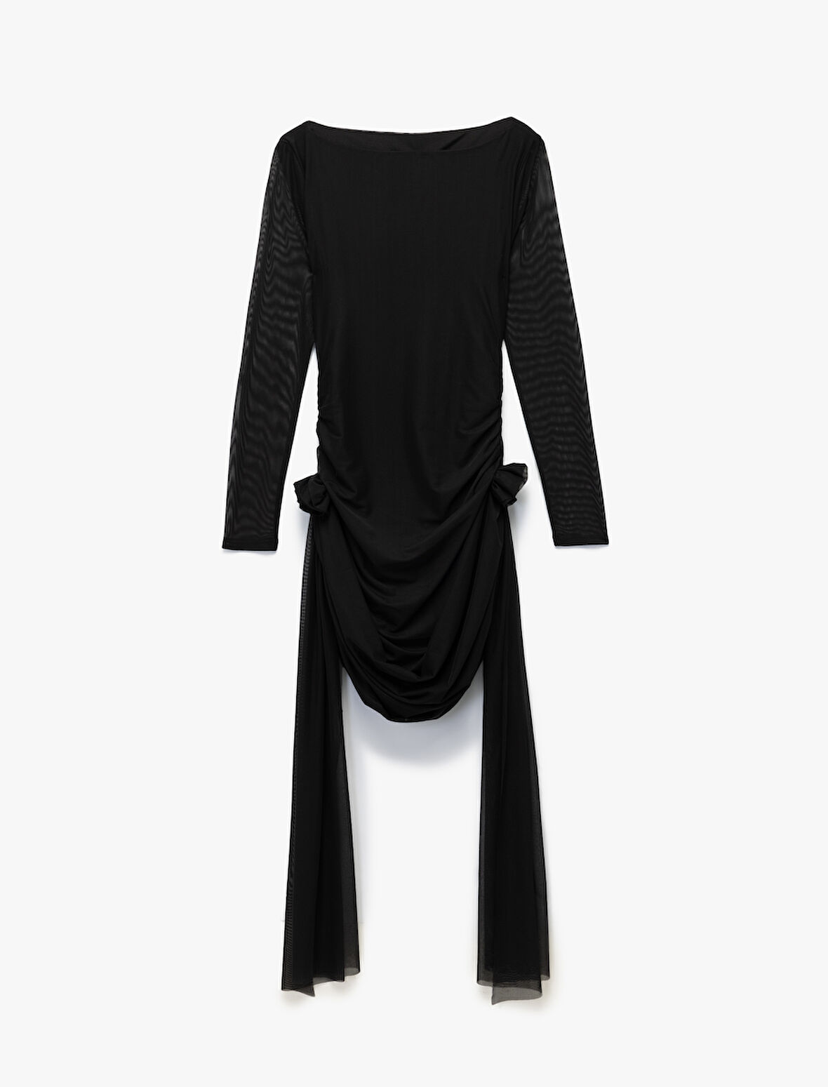 Uzun Kollu Kayık Yaka Tüllü Gül Detaylı Mini Bodycon Elbise