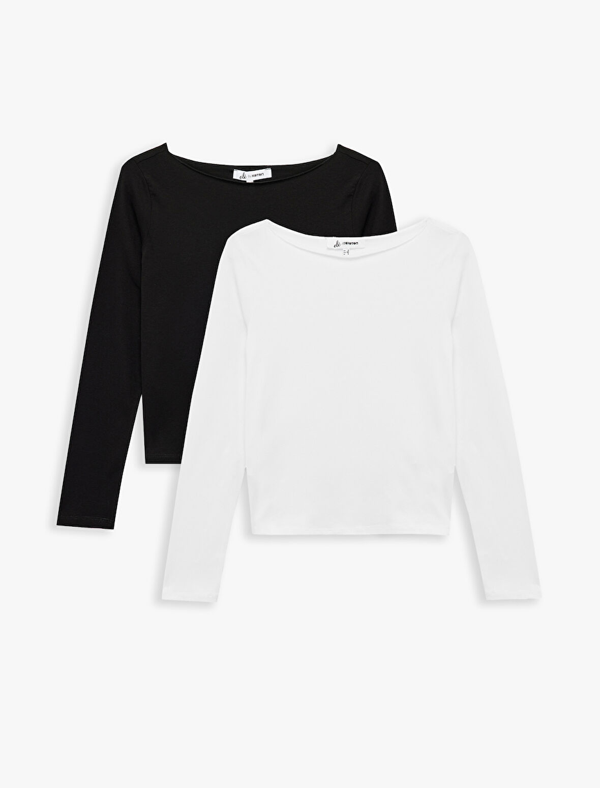 Slim Fit Uzun Kollu Kayık Yaka Pamuklu 2'li Tişört Seti