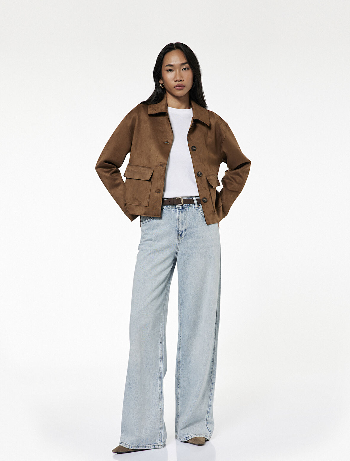 Düğmeli Cepli Rahat Kalıp Pamuklu Bol Paça Jean Pantolon - Loose Straight Fit Jean