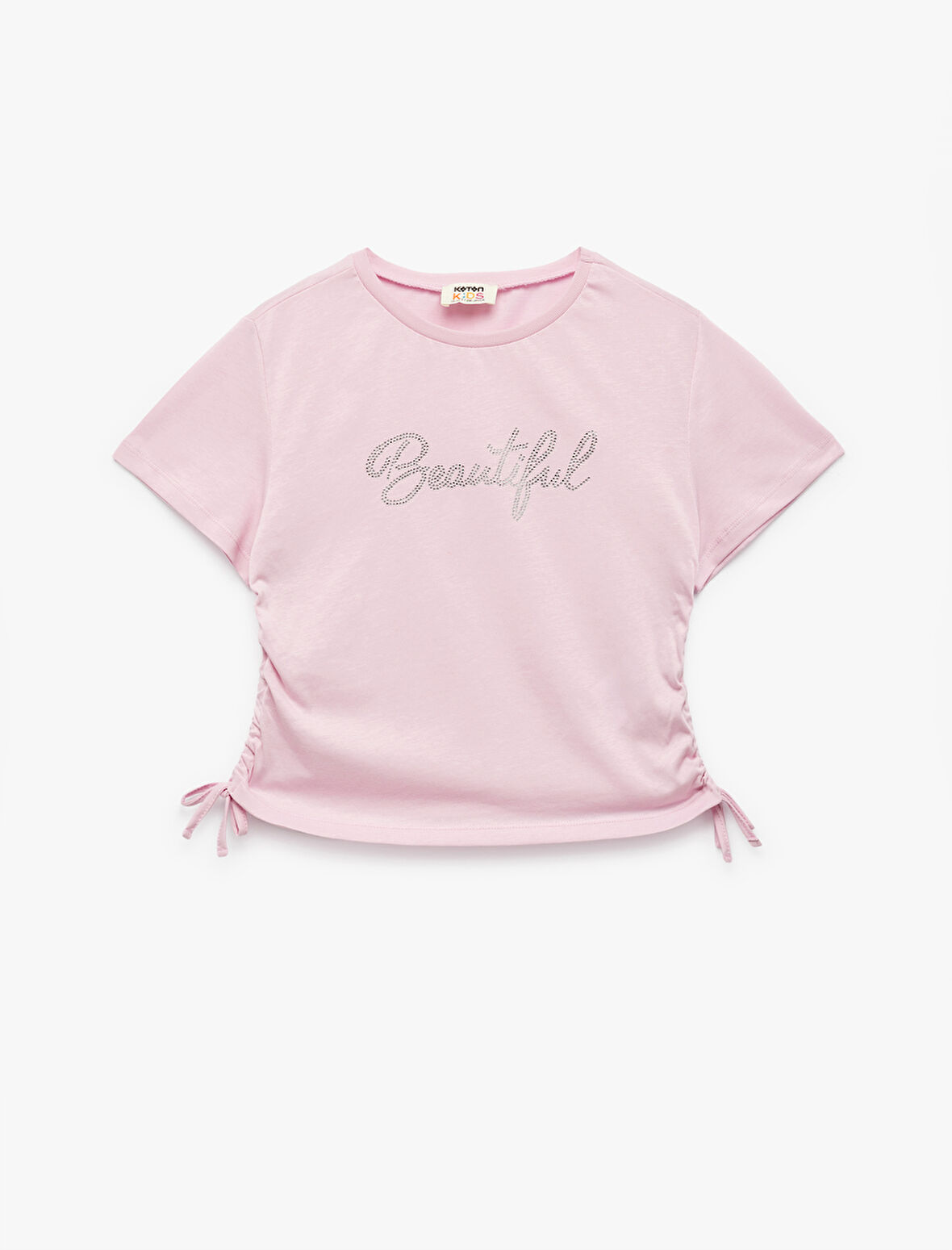 Pamuklu Taş Baskılı Büzgü Detaylı Kısa Kollu Crop Tişört