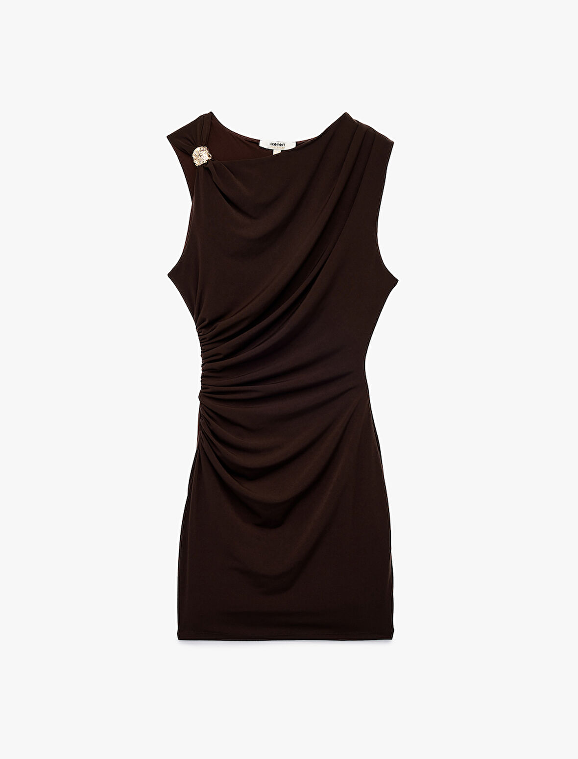 Metal Aksesuarlı Drapeli Degaje Yaka Kolsuz Slim Fit Mini Abiye Elbise