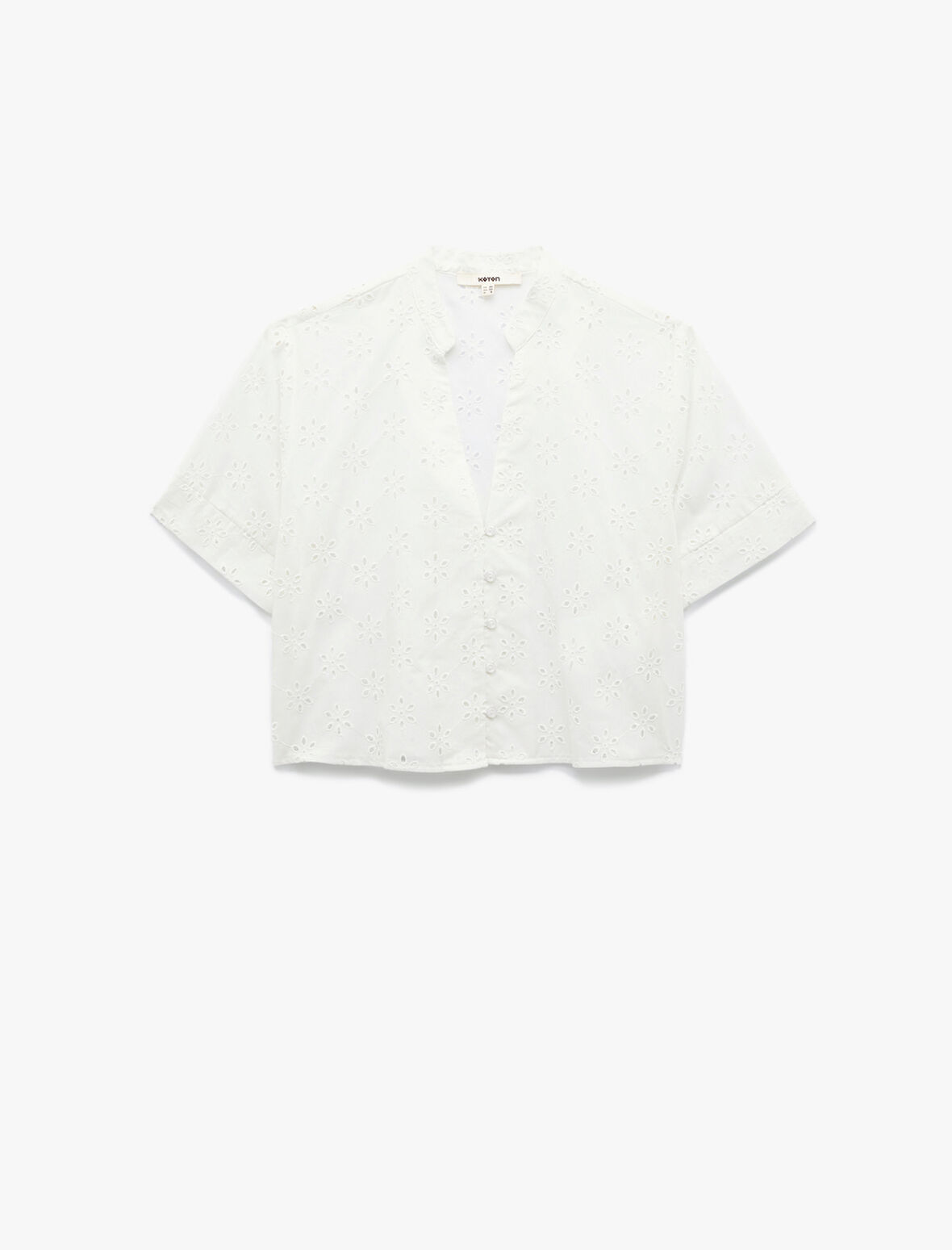 Regular Fit Kısa Kollu V Yaka Fistolu Brodeli Gömlek