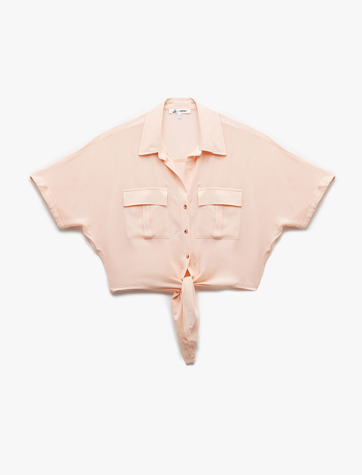 Kısa Kollu Gömlek Yaka Bağlama Detaylı Cepli Düğmeli Viskon Bluz