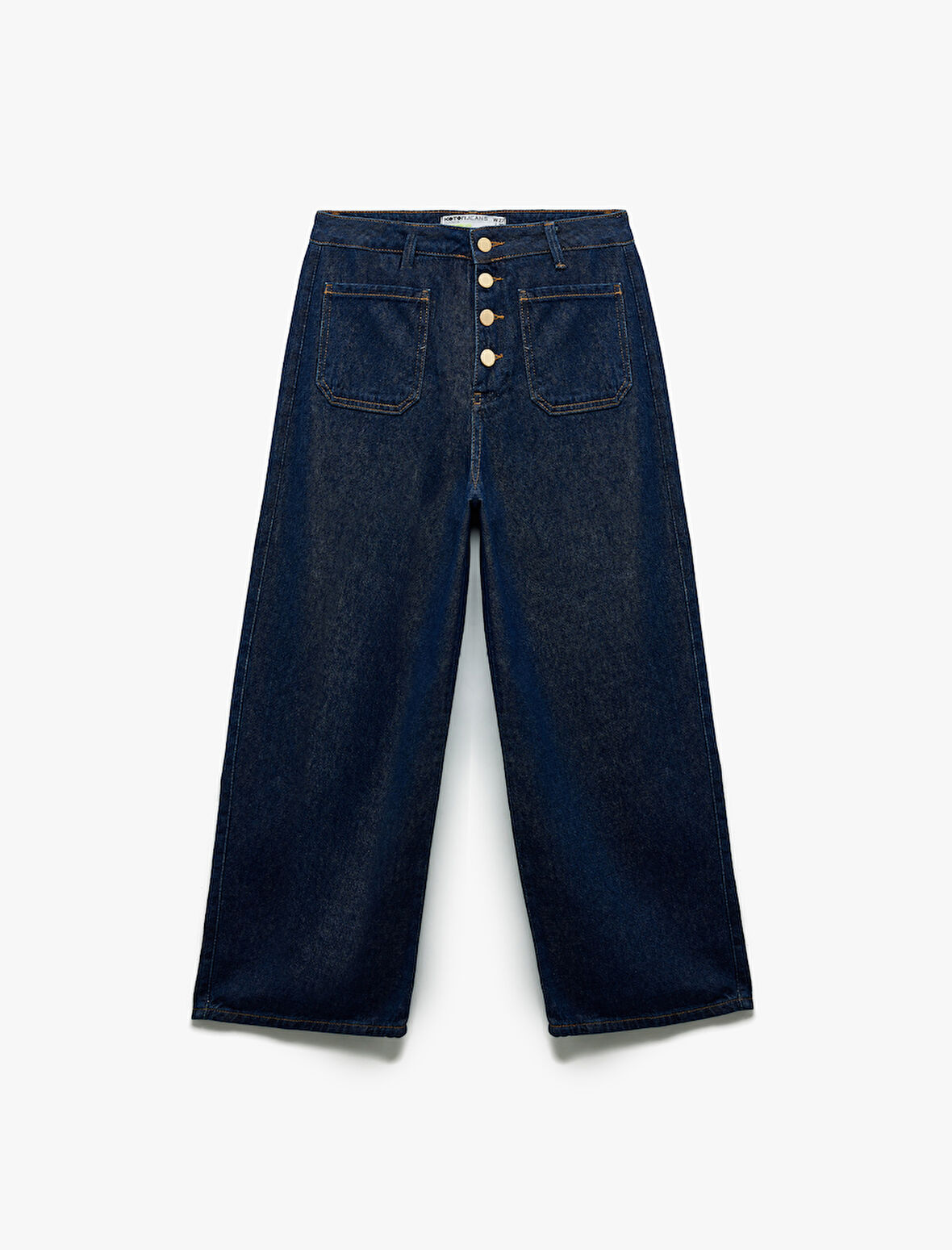 Normal Paça Düğmeli Yüksek Bel Pamuklu Geniş Paça Crop Jean Pantolon - Wide Leg Jeans