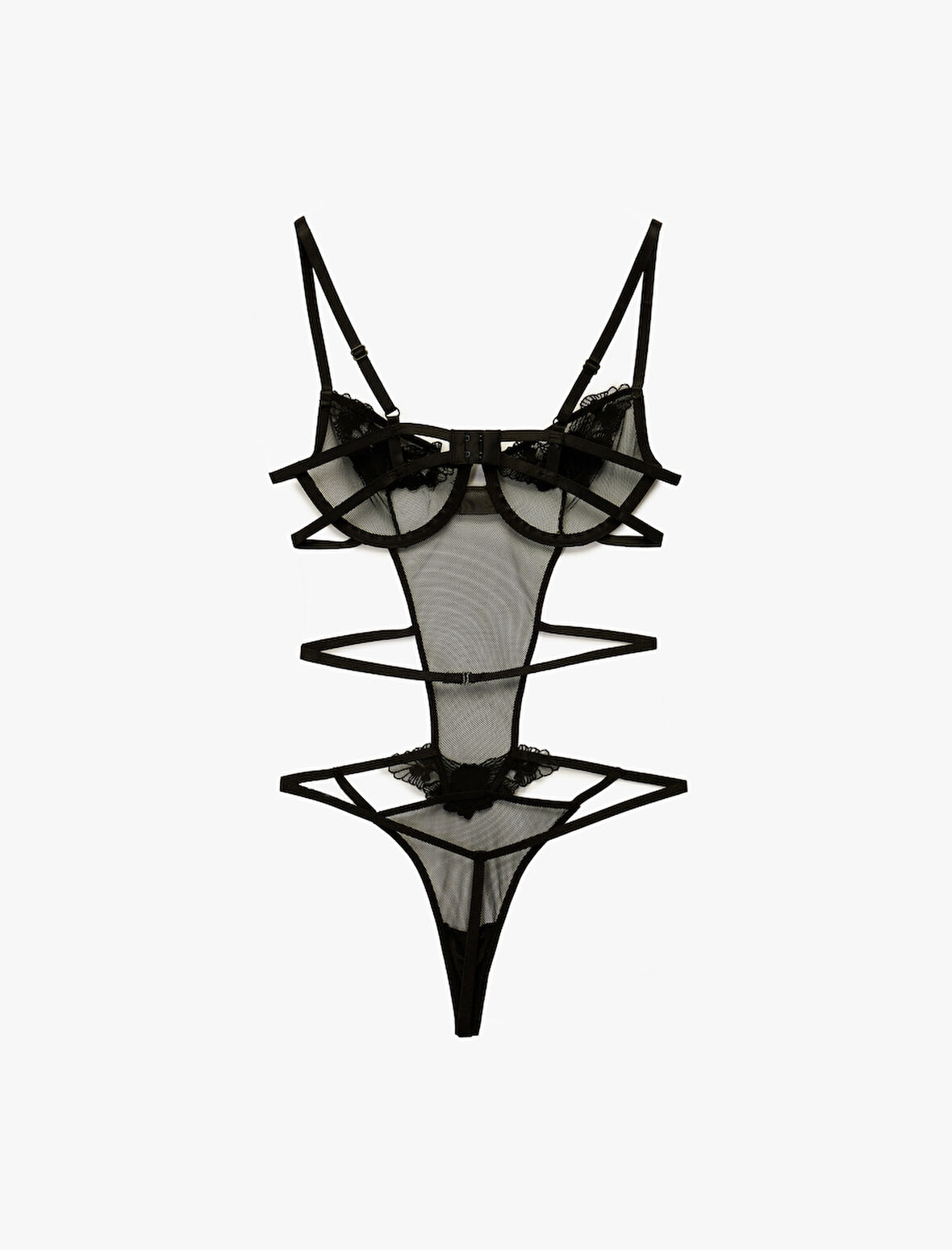 Rahat Kalıp V Yaka Askılı Çiçek Detaylı Dantelli Bodysuit