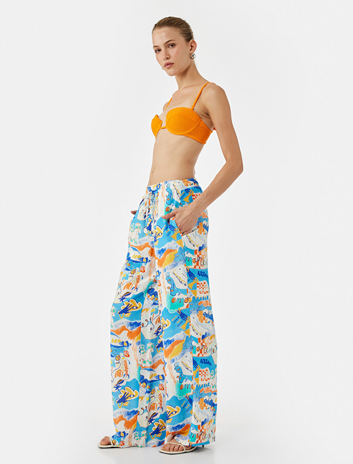 Keten Karışımlı Desenli Bol Paça Pantolon