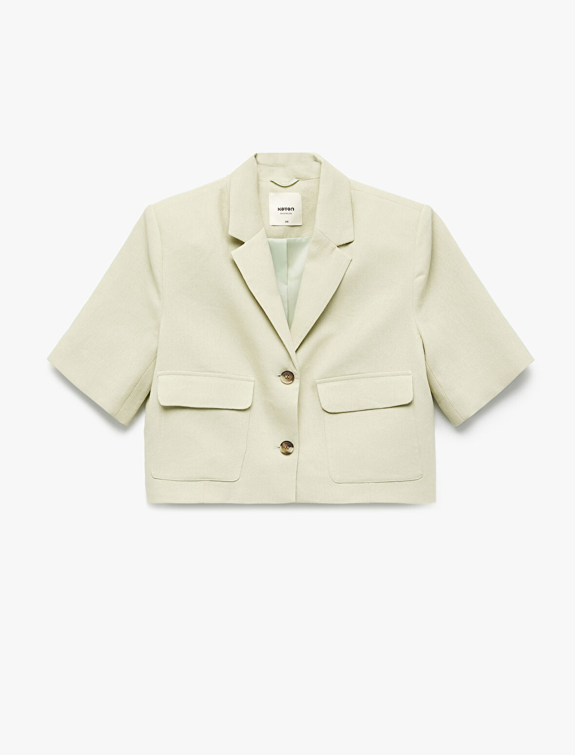 Cepli Düğmeli Kısa Kollu Astarlı Keten Crop Blazer Ceket