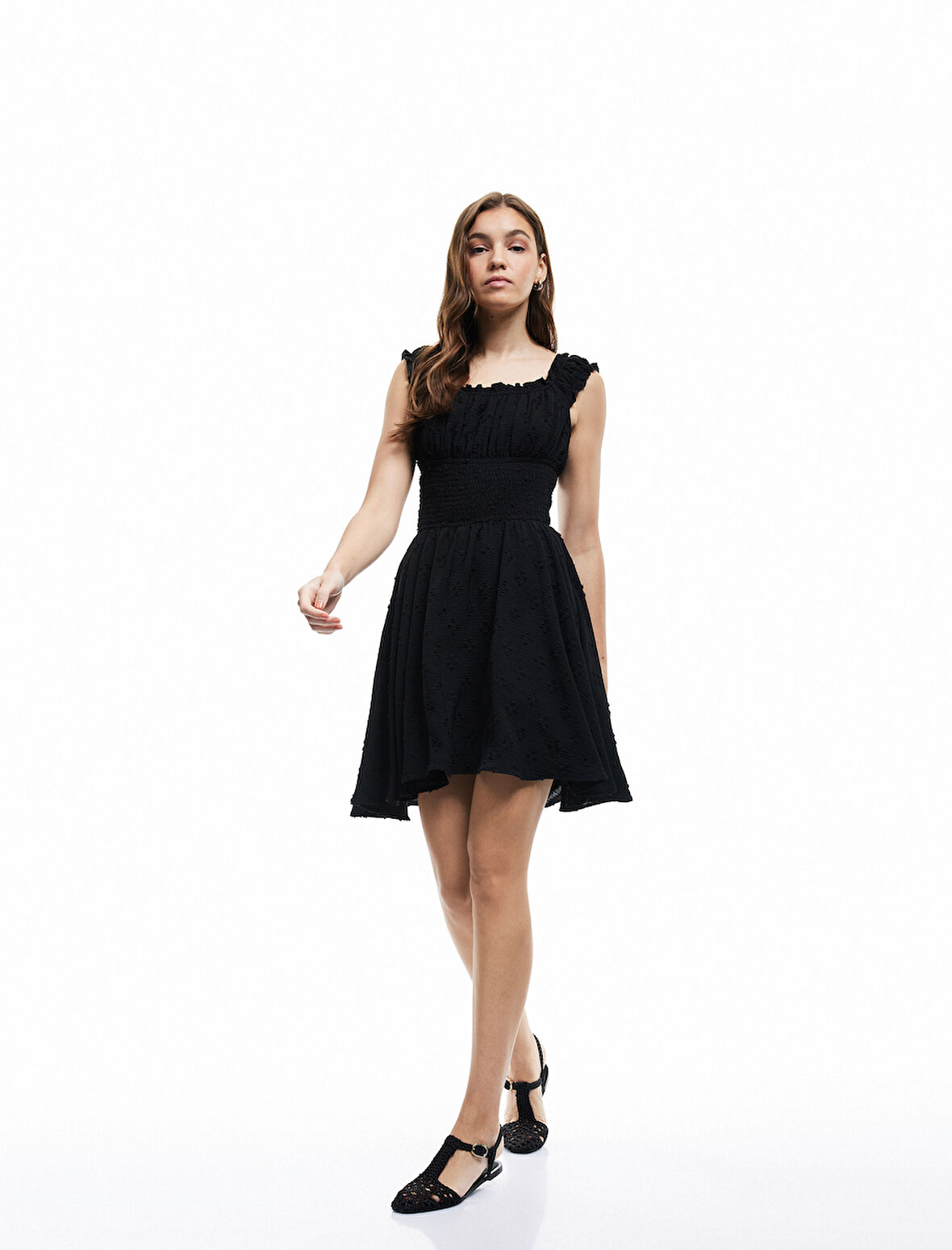 Fırfır Yaka Detaylı Kolsuz Gipeli Poplin Mini Elbise