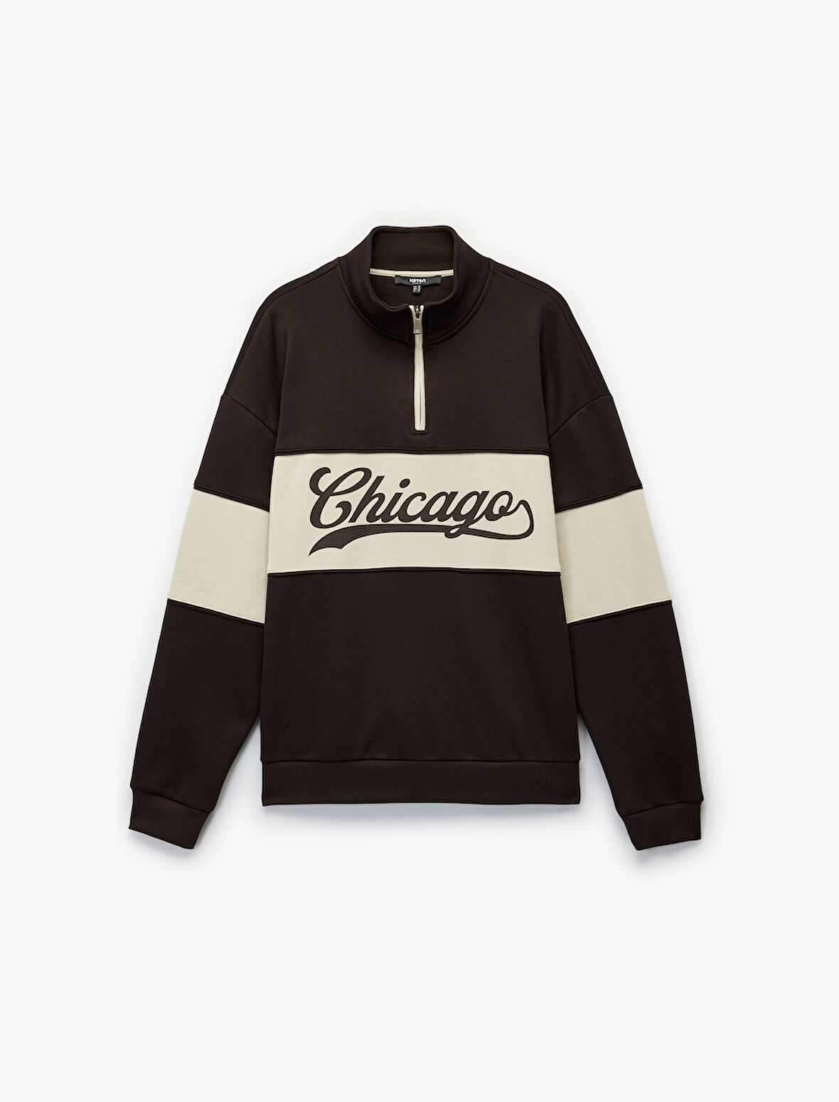 Uzun Kollu Baskılı Oversize Renk Bloklu Yarım Fermuarlı Sweatshirt