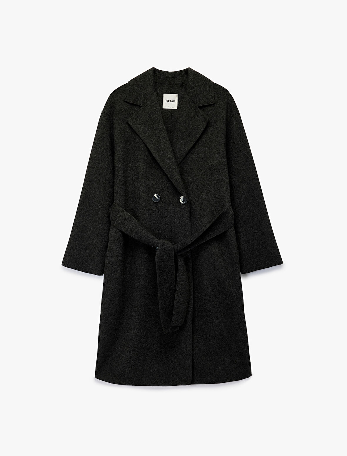 Kuşak Detaylı Düğmeli Kruvaze Uzun Kollu Kaşe Kaban