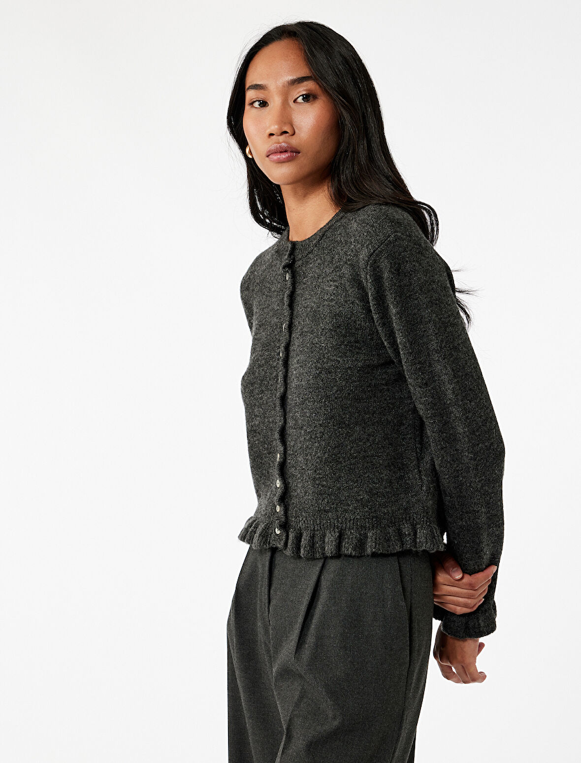 Fırfır Detaylı Uzun Kollu Bisiklet Yaka Triko Hırka