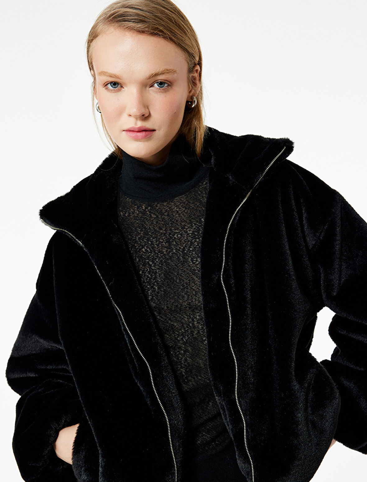 Suni Kürklü Uzun Kollu Gömlek Yaka Oversize Ceket