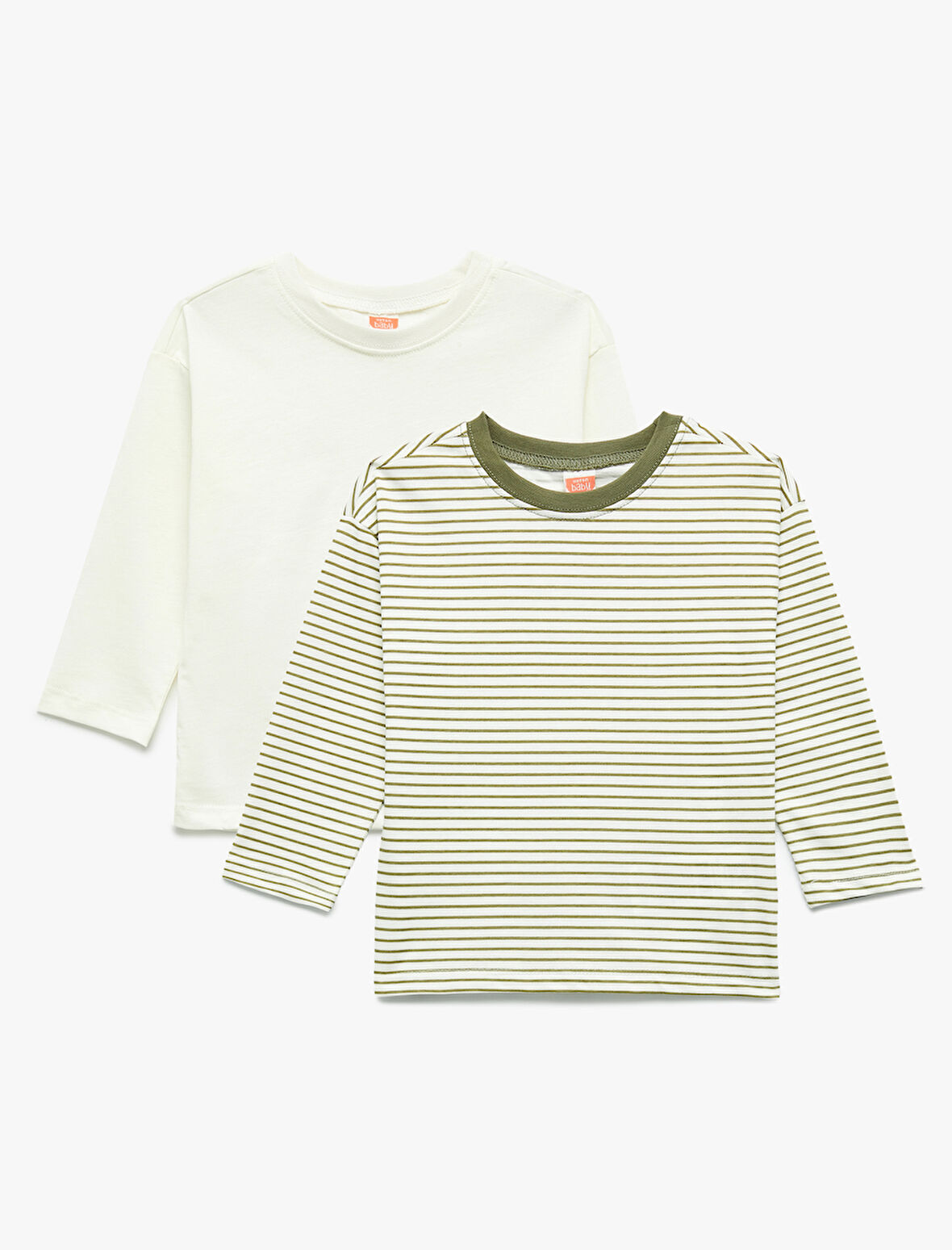 Pamuklu Uzun Kollu Bisiklet Yaka Çizgili 2'Li Tişört Seti