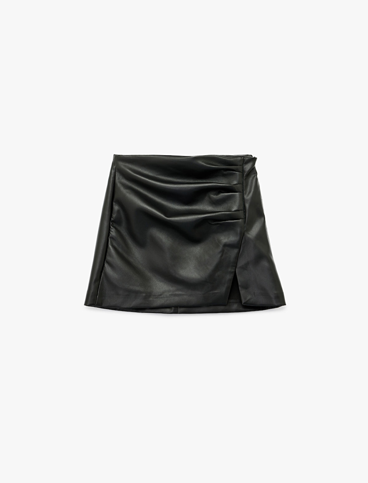 Drapeli Yırtmaçlı Suni Deri Mini Etek