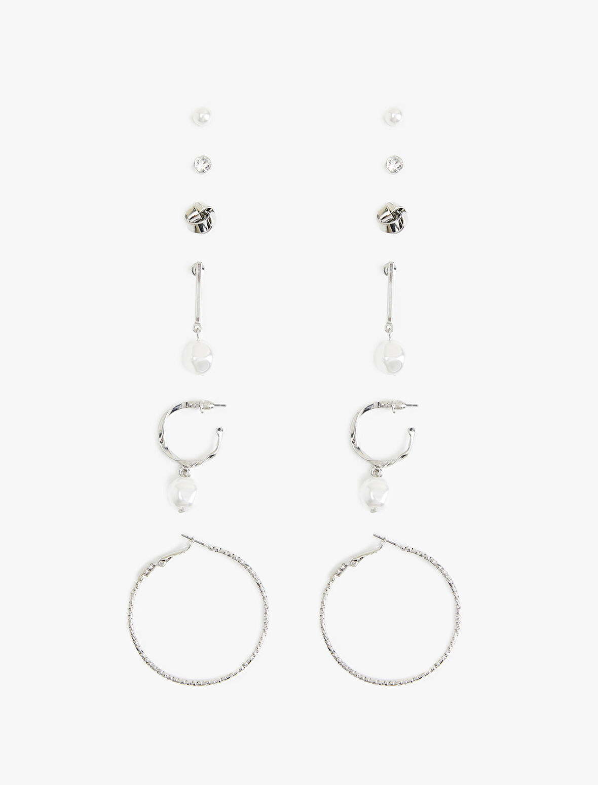 Çelik Karışımlı İnci Detaylı 6'lı Top ve Halka küpe Seti