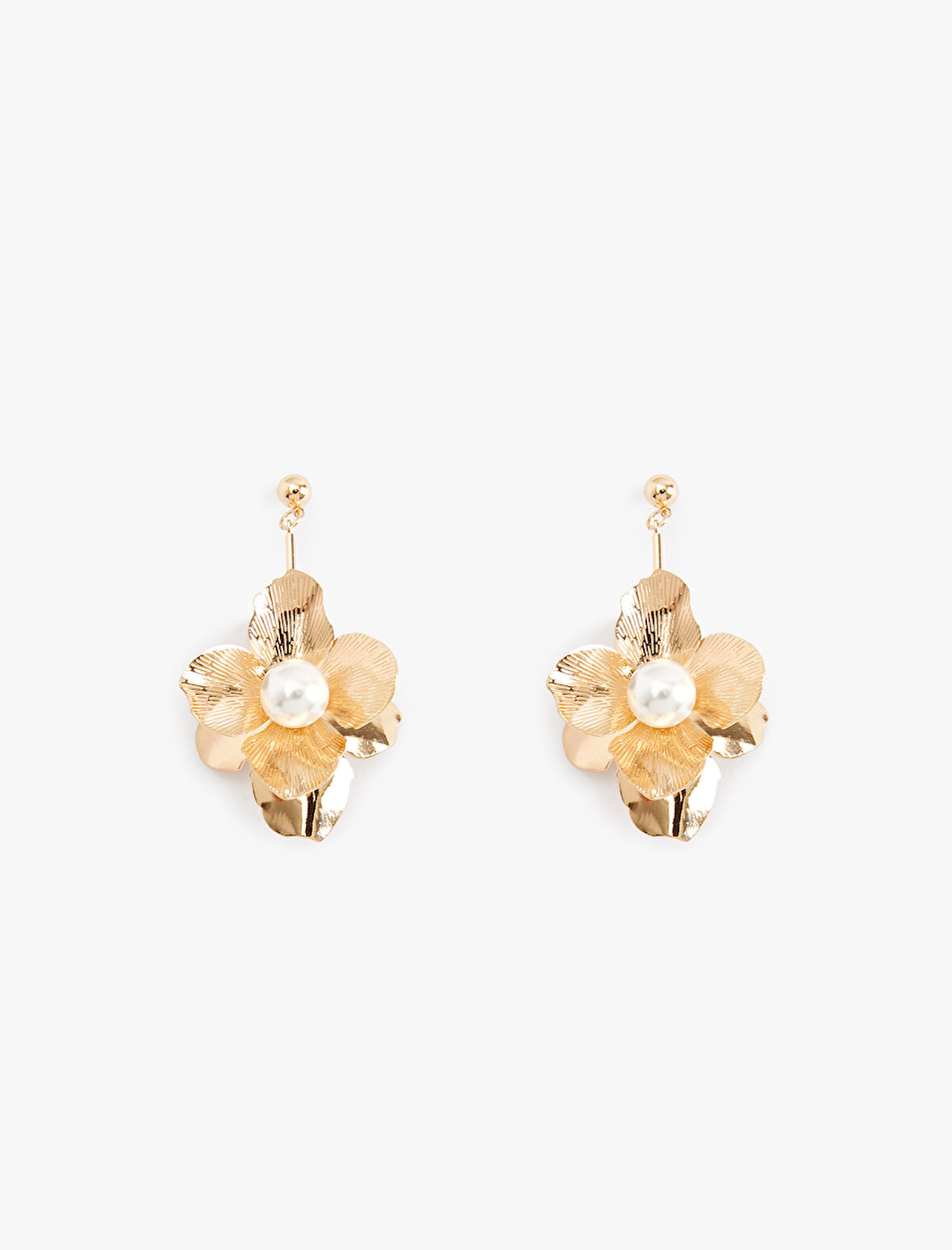 İnci Detaylı Büyük Boy Sallantılı Çelik Çiçek Küpe