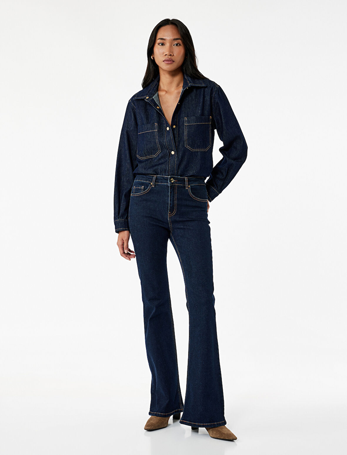 Yüksek Bel Düğmeli Dar Kesim İspanyol Paça Jean Pantolon - Flare Jeans