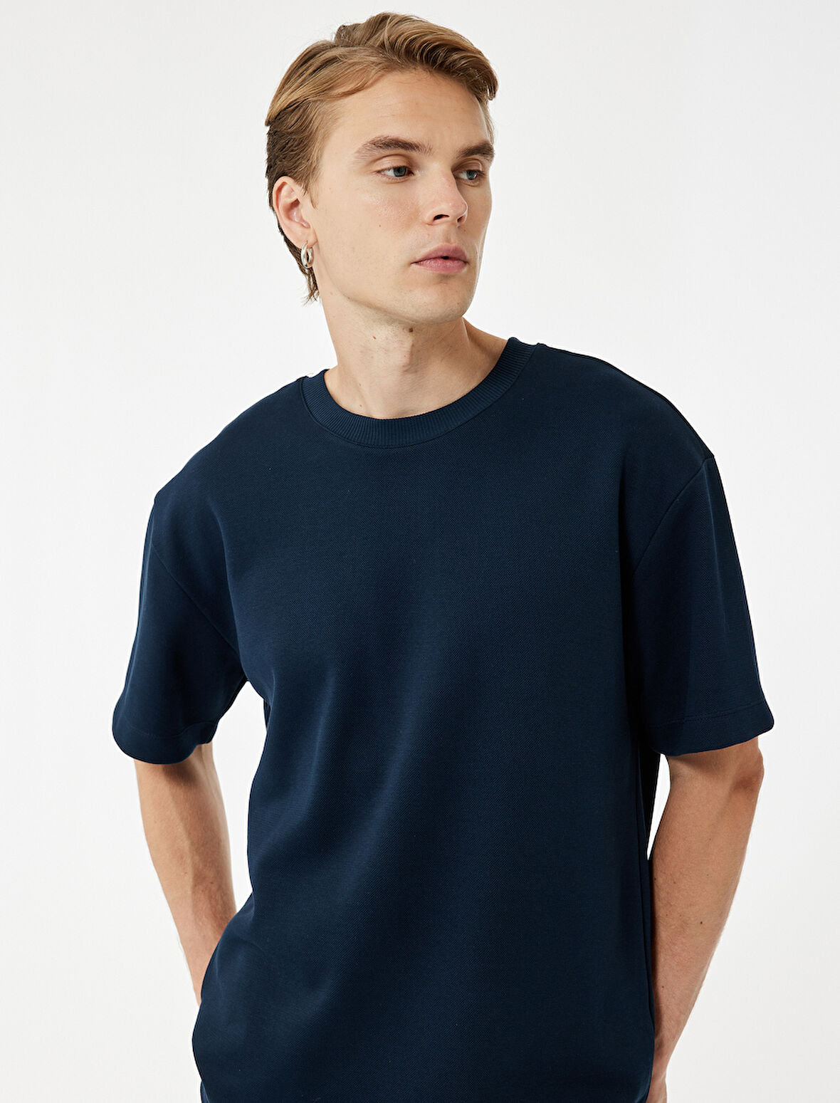 Pamuklu Kısa Kollu Pike Tok Kumaş Bisiklet Yaka Basic Oversize Tişört
