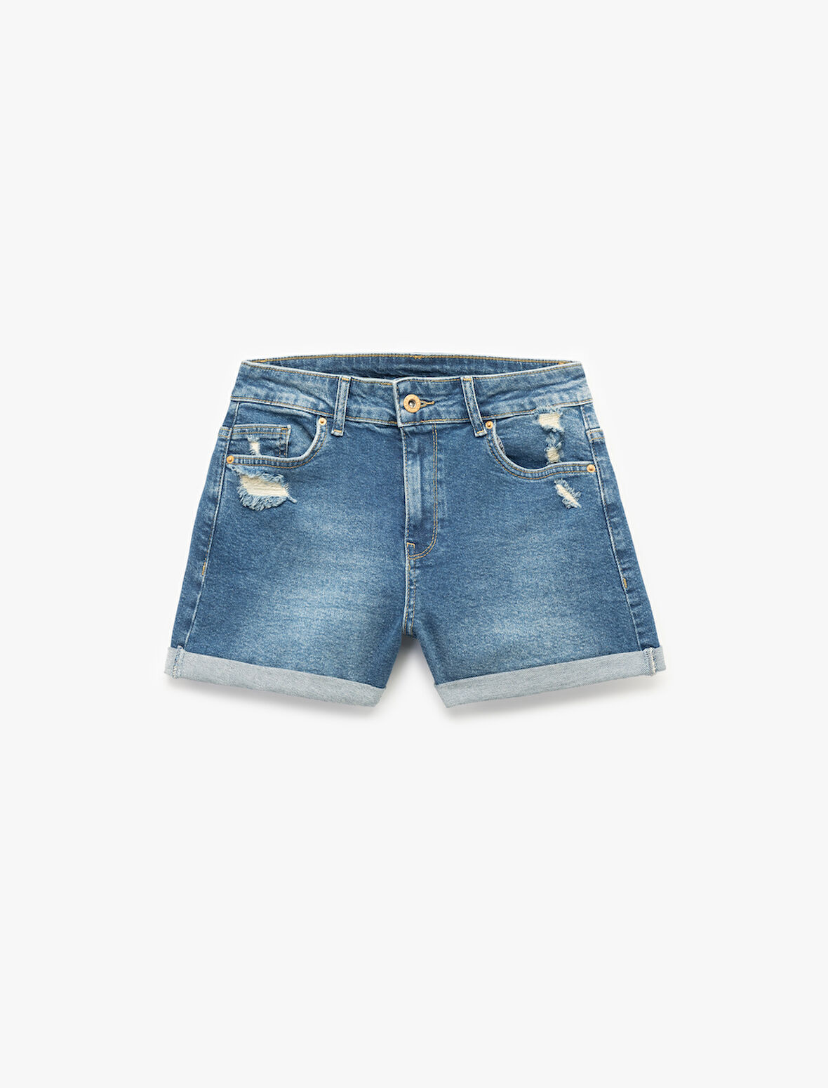 Katlı Paça Yıpratılmış Düğmeli Cepli Skinny Fit Mini Denim Şort