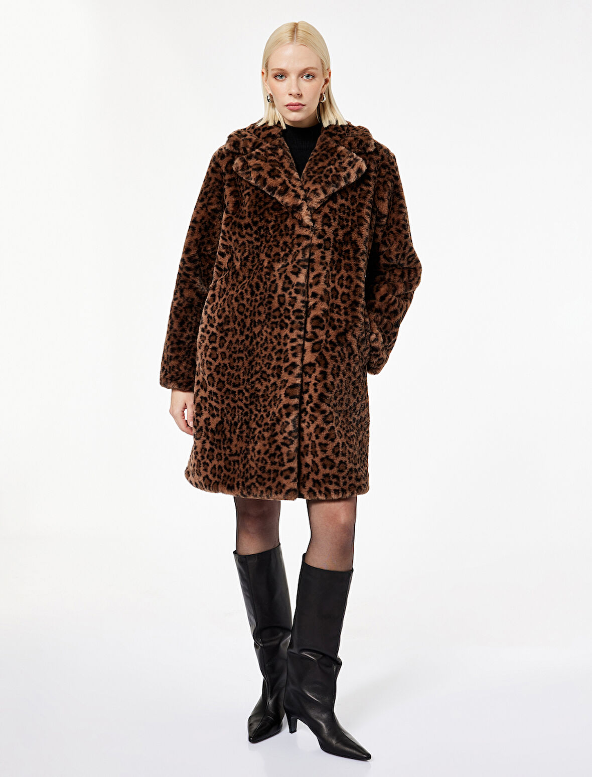 Suni Kürk Kaban Leopar Desenli Uzun Kollu Cepli