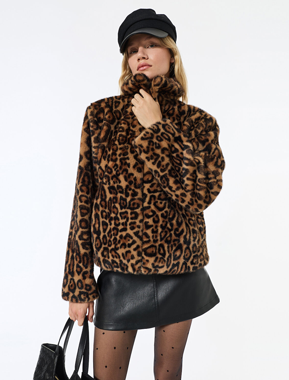 Suni Kürk Mont Leopar Desenli Crop Cepli Fermuarlı