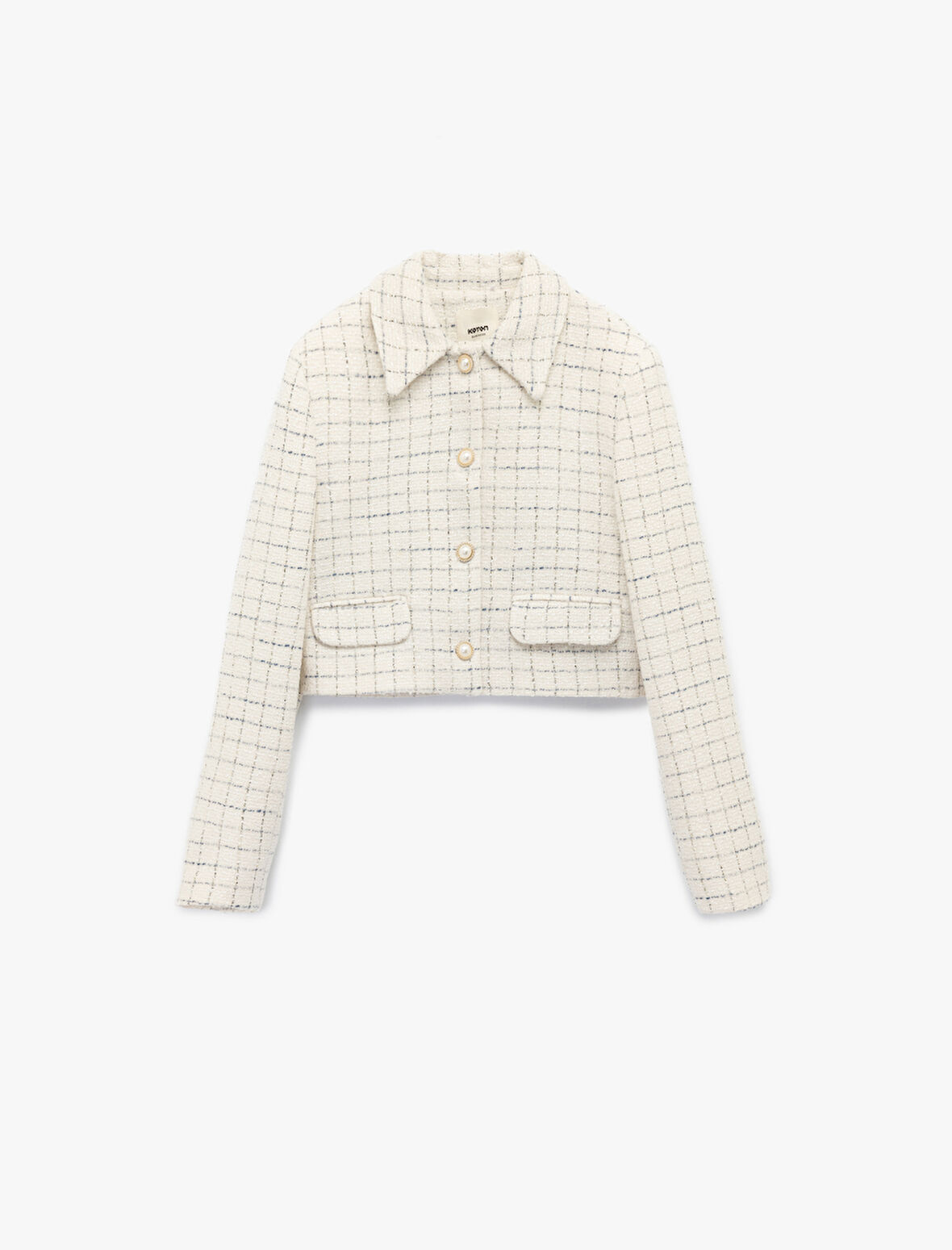 İnci Düğme Detaylı Kareli Kruvaze Uzun Kollu Tüvit Crop Ceket