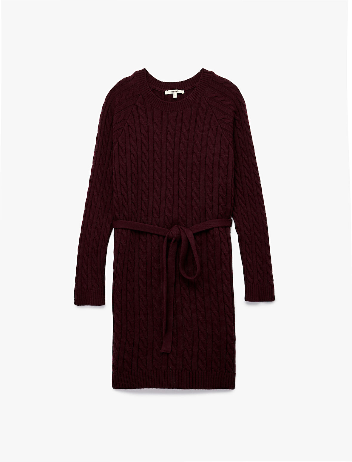 Uzun Kollu Bisiklet Yaka Kemerli Mini Boy Saç Örgü Triko Elbise