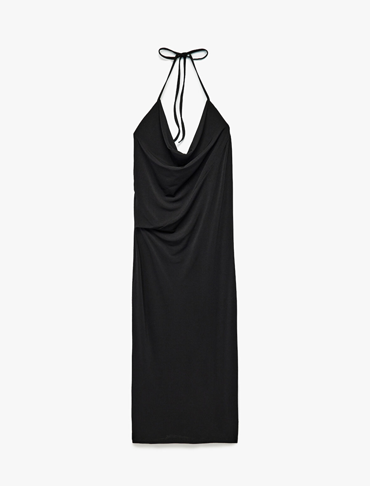 Krep Kumaş Slim Fit Boyundan Bağlamalı Halter Yaka Midi Boy Elbise