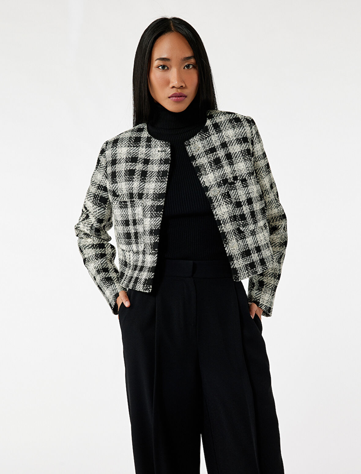 Taşlı Düğme Detaylı Cepli Uzun Kollu Bisiklet Yaka Ekose Tüvit Ceket