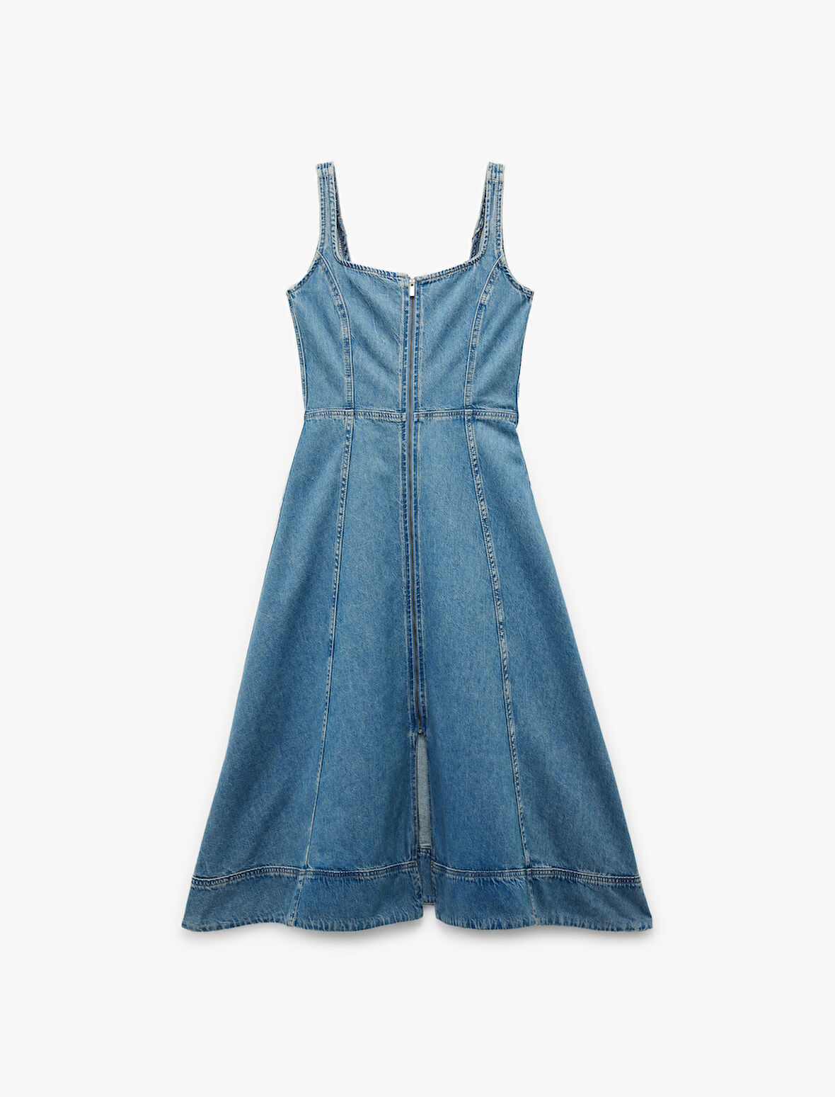 Kare Yaka Kolsuz Fermuar Detaylı A Kesim Yırtmaçlı Midi Denim Elbise