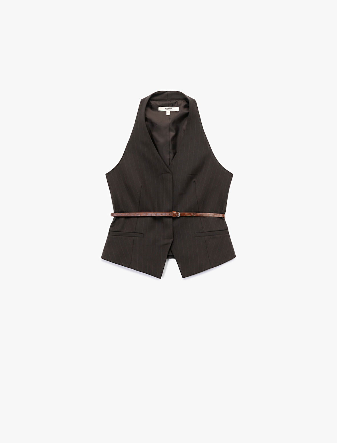 Kolsuz Düğmeli Kemerli Halter Yaka Yelek