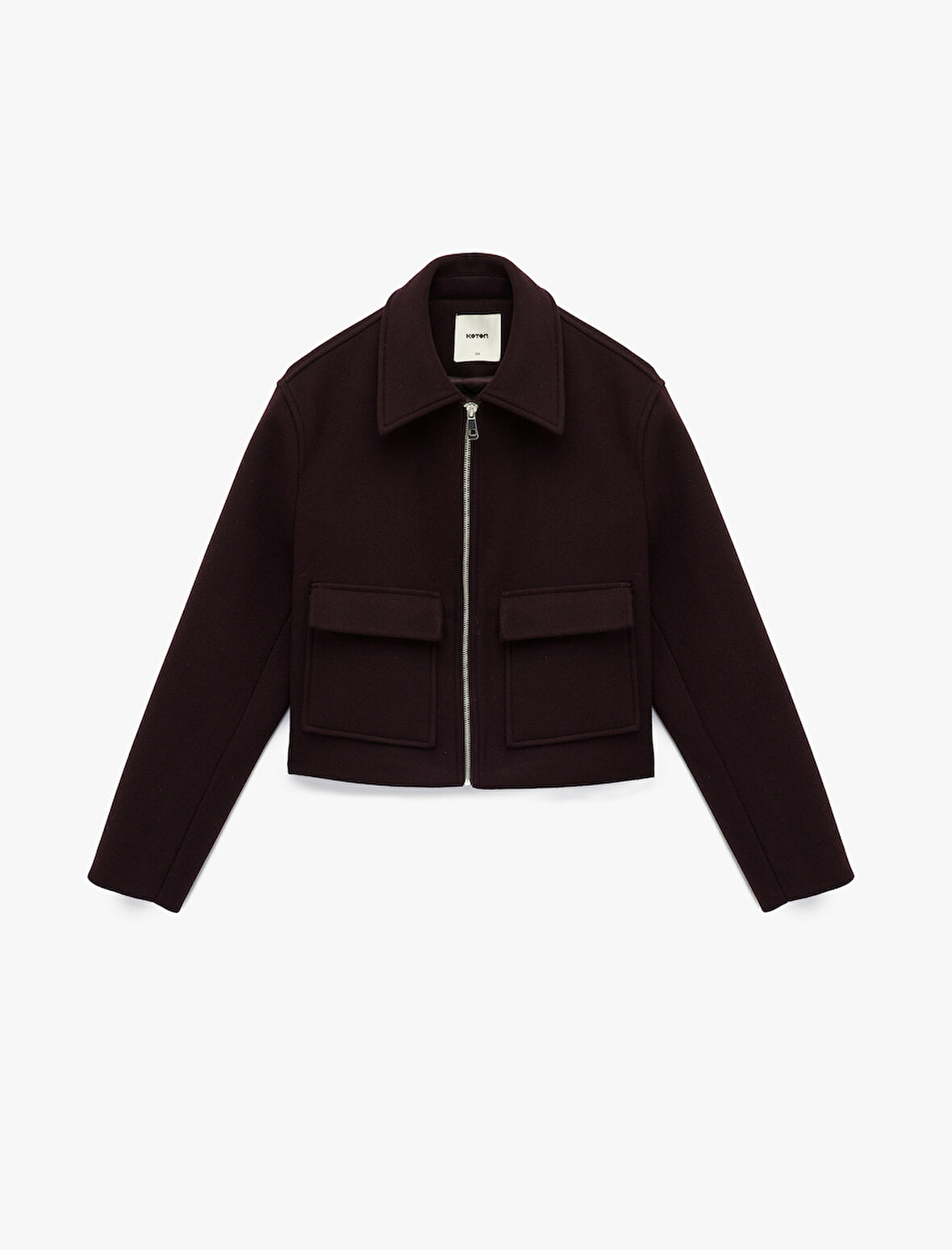 Uzun Kollu Cepli Fermuarlı Kısa Kaşe Mont