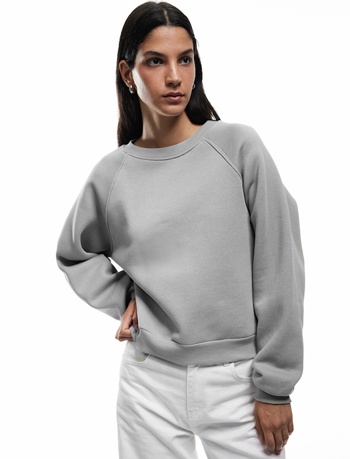 Pamuklu Bisiklet Yaka Şardonlu Sweatshirt