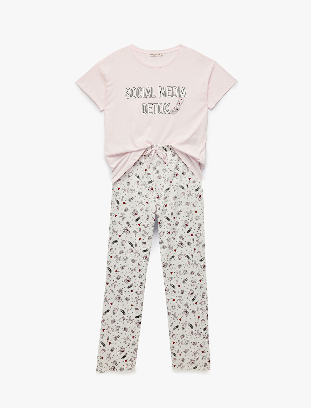 Pamuklu Kısa Kollu Bisiklet Yaka Baskılı Pijama Takımı