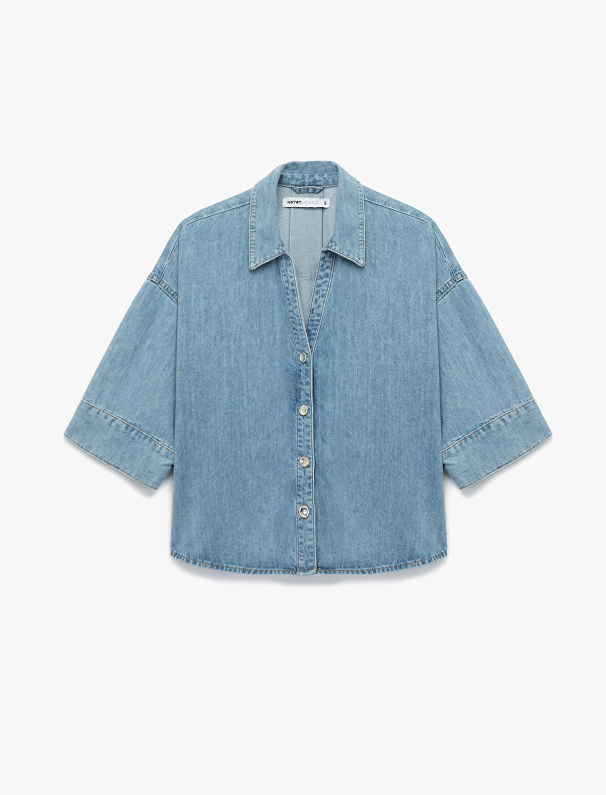 Oversize V Yaka Pamuklu Yarım Kollu Jean Gömlek