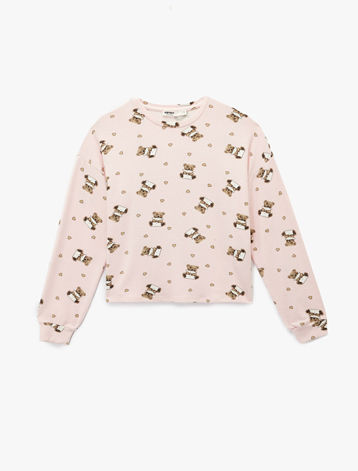 Uzun Kollu Bisiklet Yaka Ayıcık Baskılı Pijama Üstü