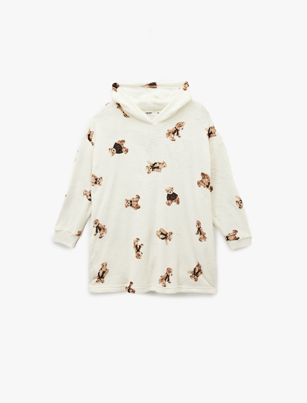 Kapüşonlu Uzun Kollu Ayıcık Baskılı Oversize Sabahlık