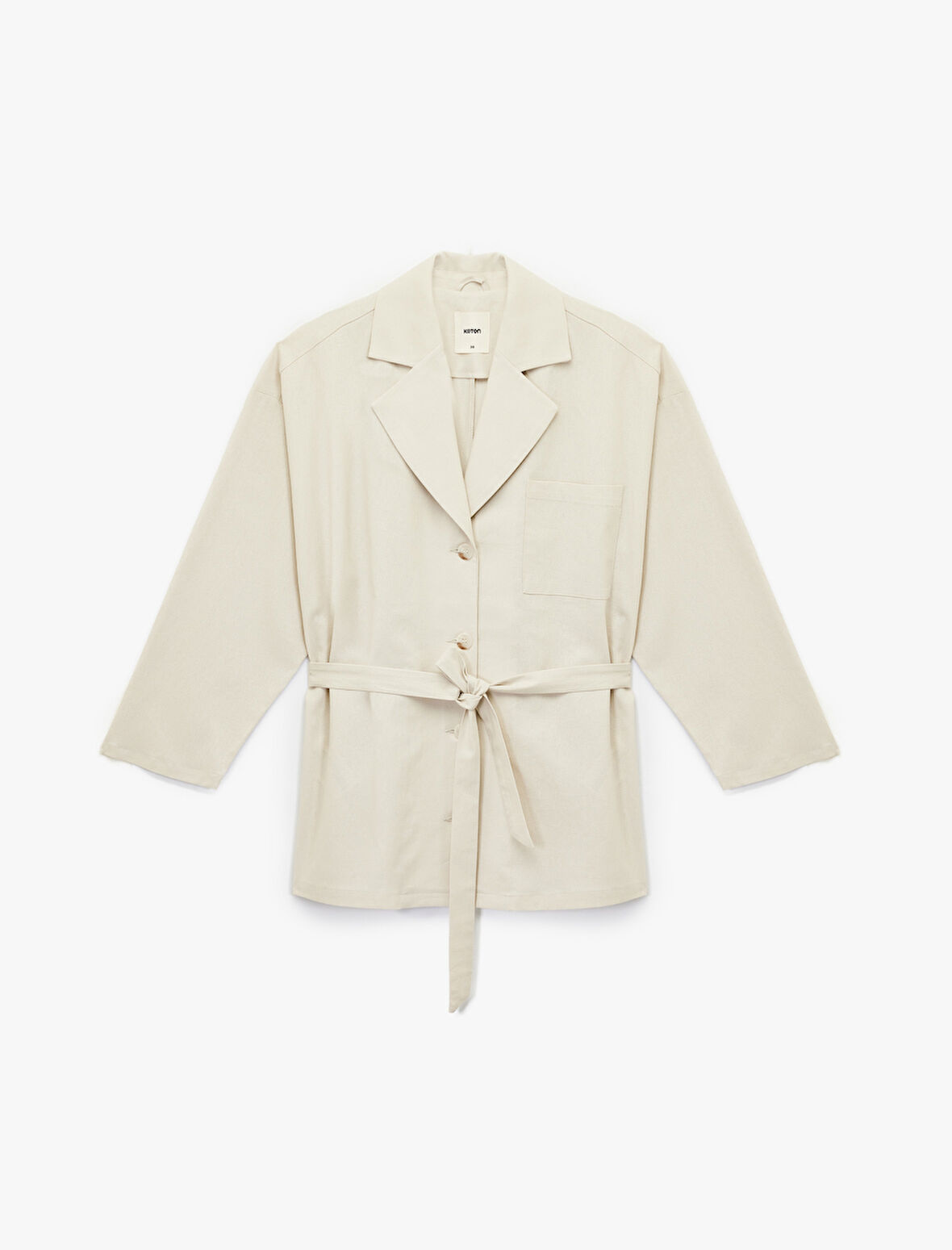 Uzun Kollu Düğmeli Kemerli Cep Detaylı Keten Oversize Ceket