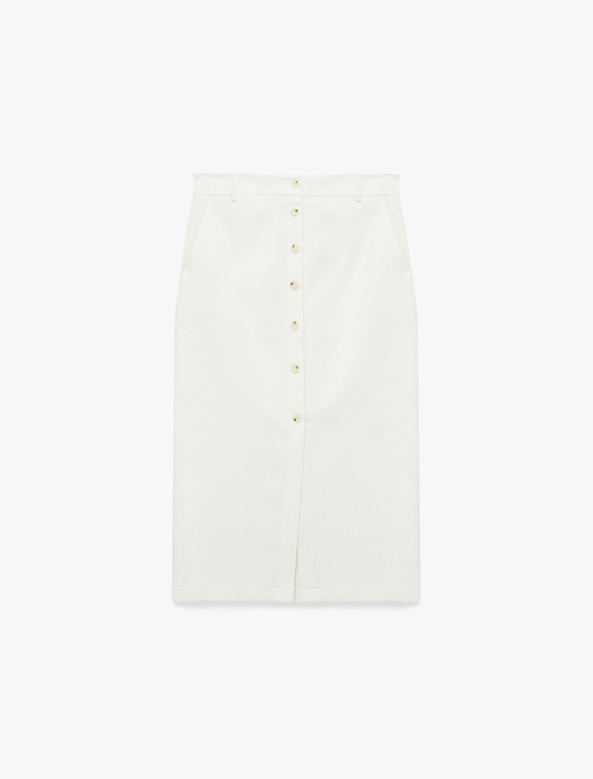 Standart Bel Cepli Yırtmaç Detaylı Midi Düğmeli Kalem Etek