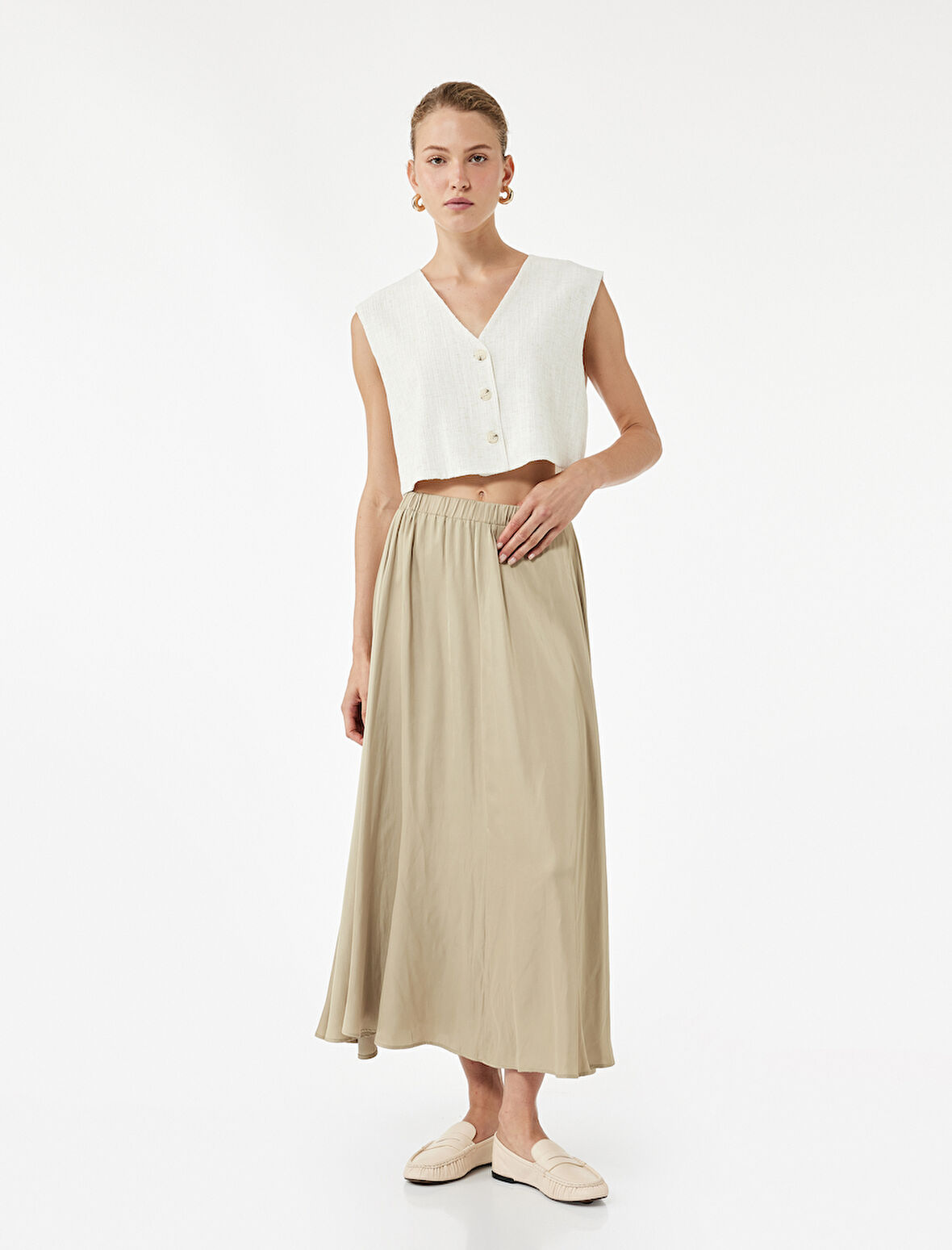 Beli Lastikli Kloş Saten Uzun Etek